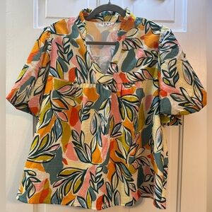 THML Multicolor Leaf-Print Split-Neck Blouse